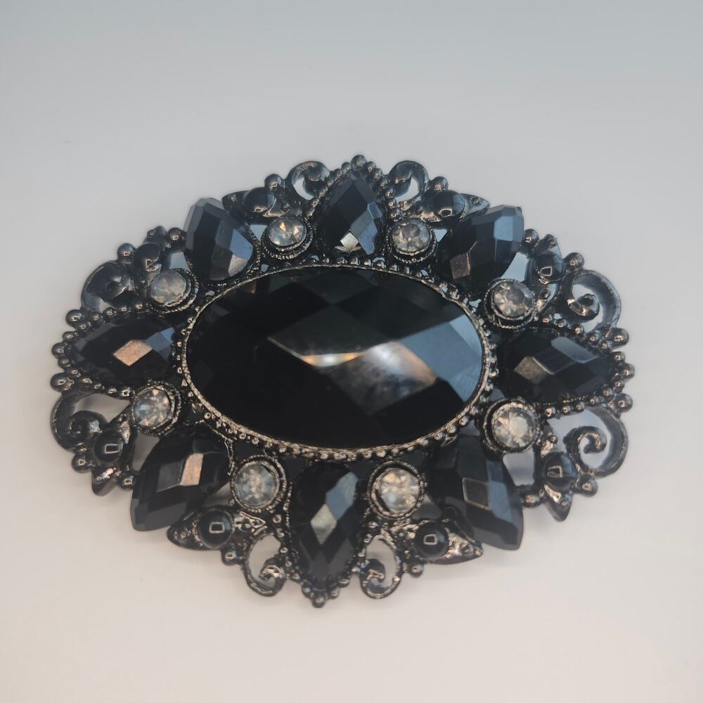 Black Filigree Oval Statement Brooch Pin Rhinestones Gothic Victorian Style 2.5"